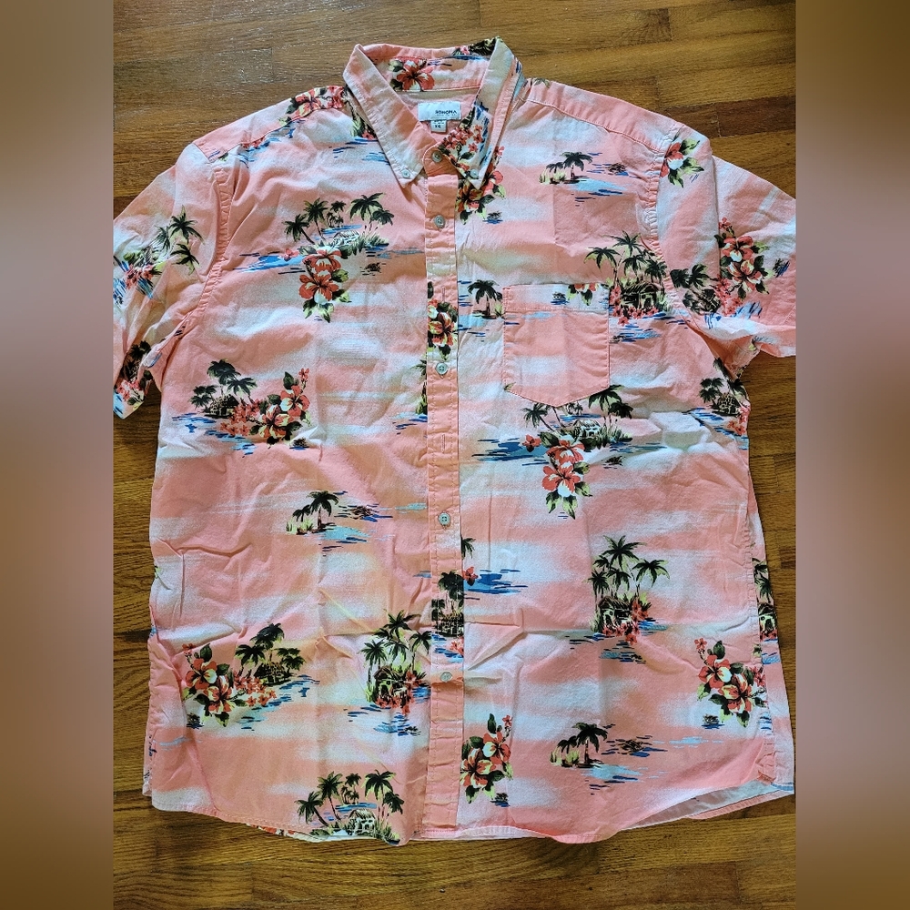 Sonoma Men's Floral Hawaiian Shirt - Peach and Green